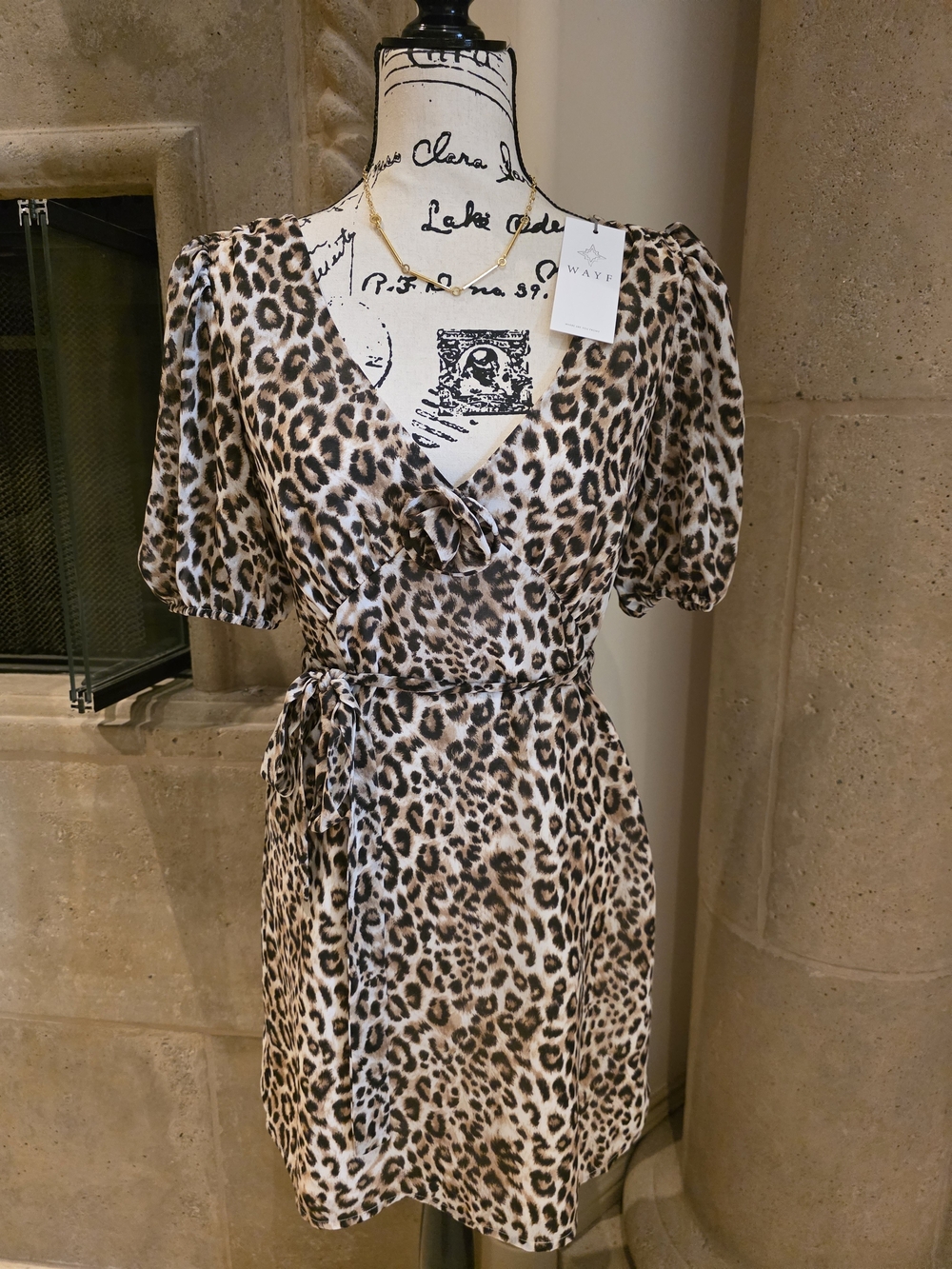 Wayf Leopard Print Mini Wrap Dress in Brown and Cream